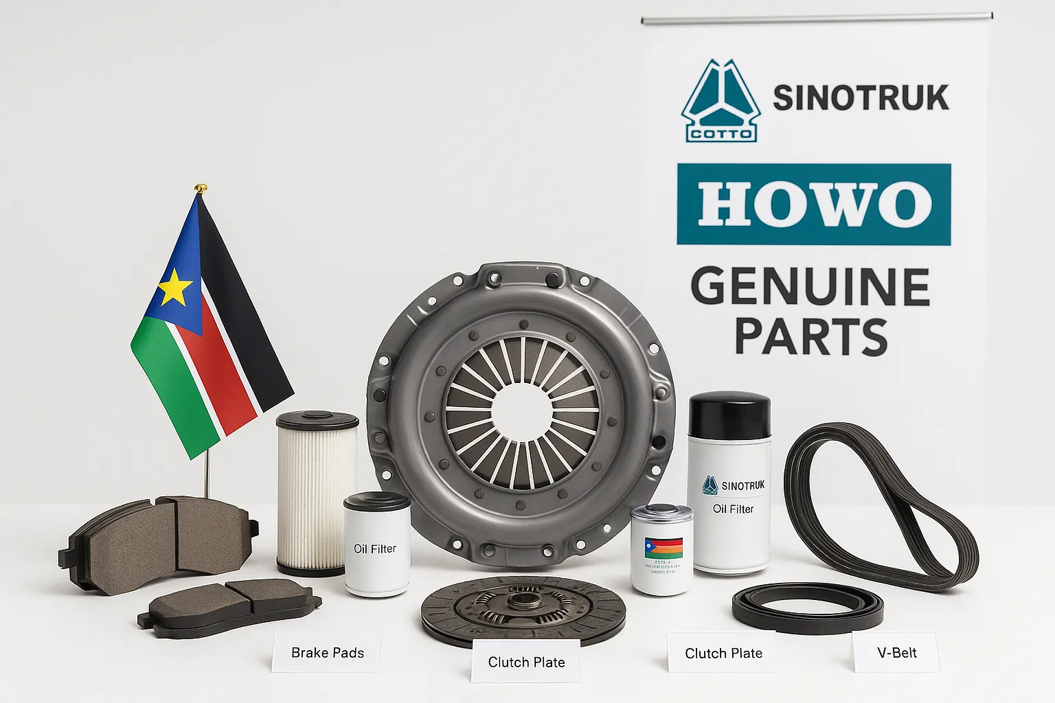 SINOTRUK HOWO parts in South Sudan for Juba repair workshops, Nimule Juba corridor trucks, oilfield support vehicles, fuel tanker fleets, water tanker trucks, humanitarian logistics, White Nile cargo support, rainy season roads, and mixed spare parts orders from China