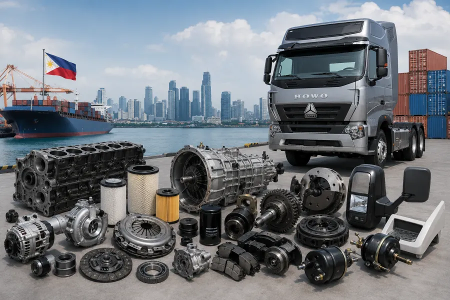 SINOTRUK HOWO truck parts displayed in a Philippine port and construction logistics setting