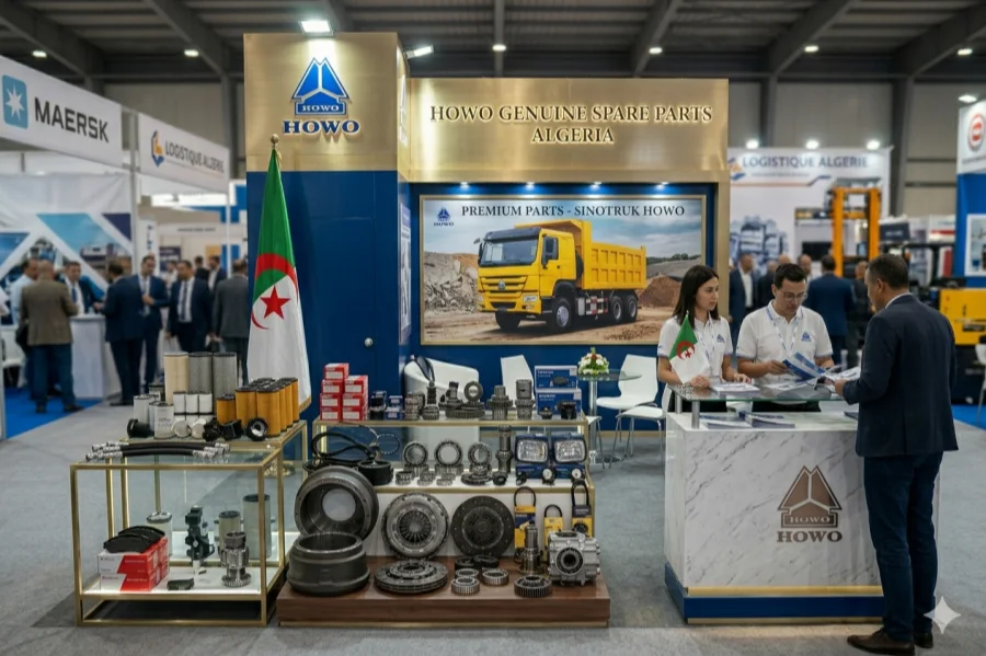 HOWO genuine spare parts in Algeria exhibition booth for dealers fleet owners repair workshops and construction truck buyers