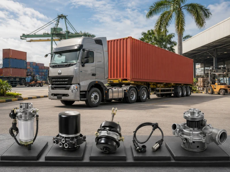 SINOTRUK HOWO parts in Malaysia with a 6x4 tractor truck at a tropical port logistics yard