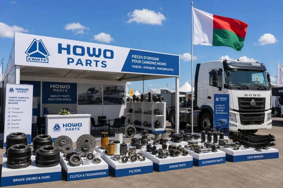 HOWO parts in Madagascar for Toamasina port logistics, Antananarivo repair workshops, RN2 corridor fleets, Ambatovy support vehicles, SAVA agro-export transport, and mixed spare parts orders from China