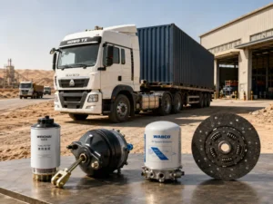 SINOTRUK HOWO parts in Iraq with HOWO truck and spare parts in desert industrial area