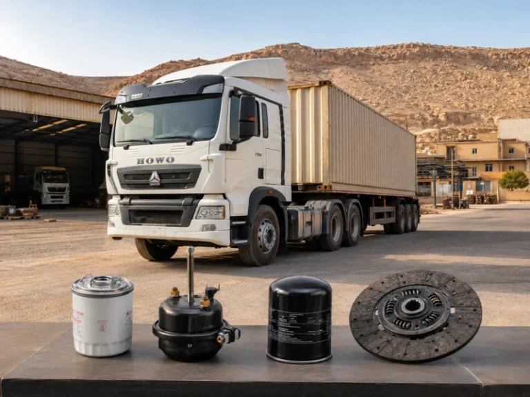 SINOTRUK HOWO TX 6x4 tractor truck with heavy-duty truck spare parts in a Jordan logistics and industrial environment