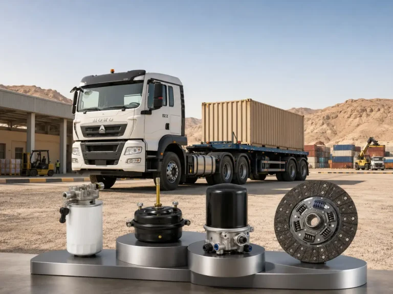 SINOTRUK HOWO TX 6x4 tractor truck with heavy-duty truck spare parts in an Oman logistics and industrial yard