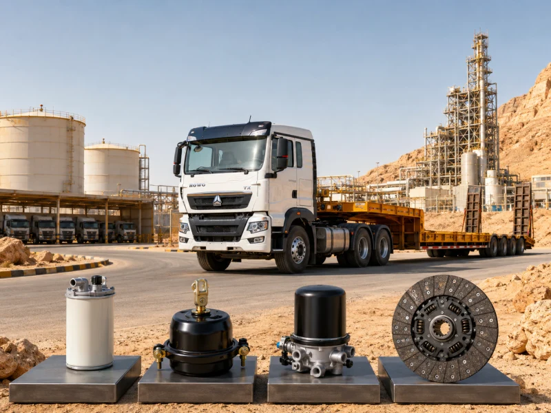 SINOTRUK HOWO TX 6x4 tractor truck with heavy-duty spare parts in a Saudi Arabia industrial desert environment