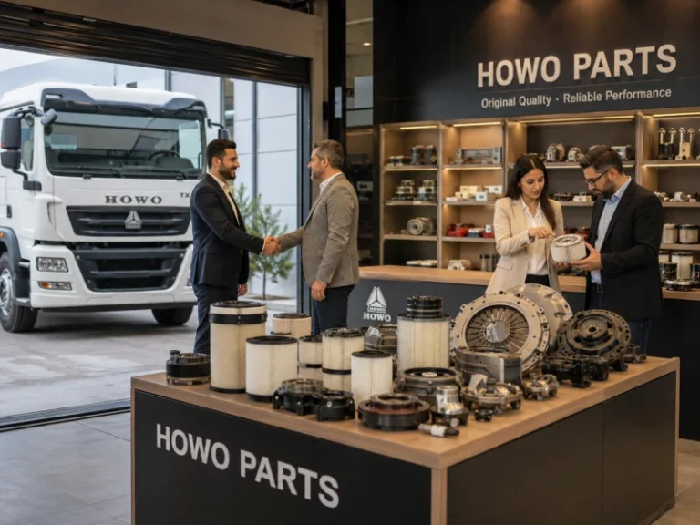 Business cooperation in a HOWO parts showroom in Turkey with a SINOTRUK HOWO TX truck and heavy-duty truck spare parts display